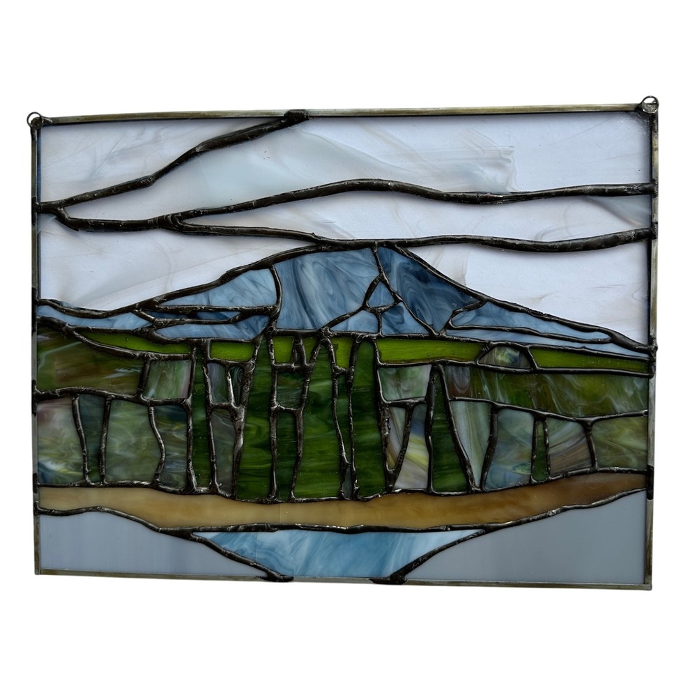 Vintage Stained Slag Glass Mountain Landscape Suncatcher Wall Art Cabin